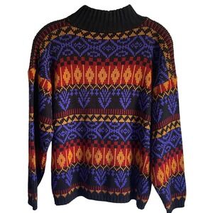 VTG Croquet USA Knit Sweater Medium Aztec Fair Isle Boho Ski 80s Bright, classic